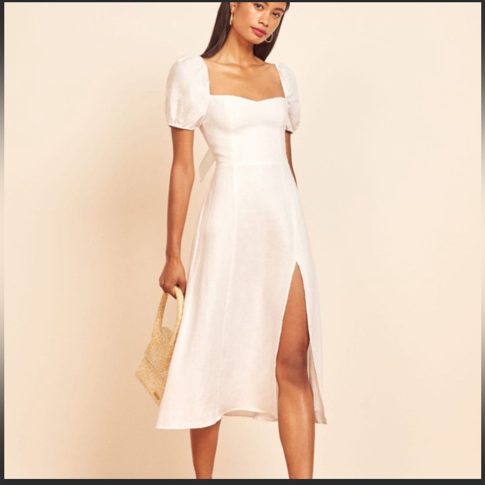 Reformation white Denver puff sleeve midi dress